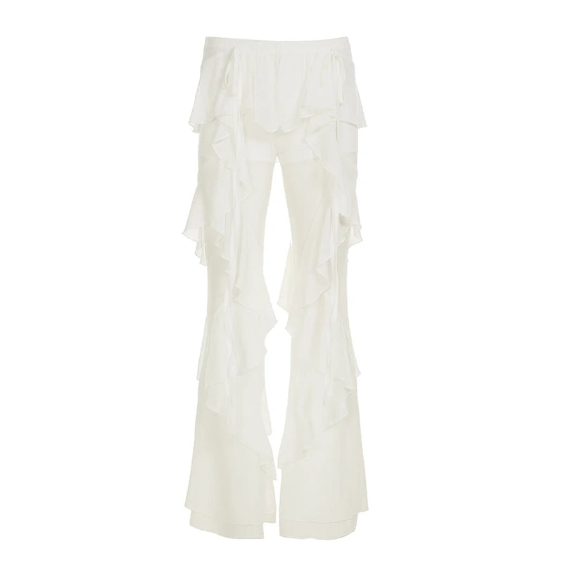 Women's White Ruffle Flare Pants Low Rise Loose Fit Bohemian Summer Chiffon