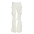 Women's White Ruffle Flare Pants Low Rise Loose Fit Bohemian Summer Chiffon