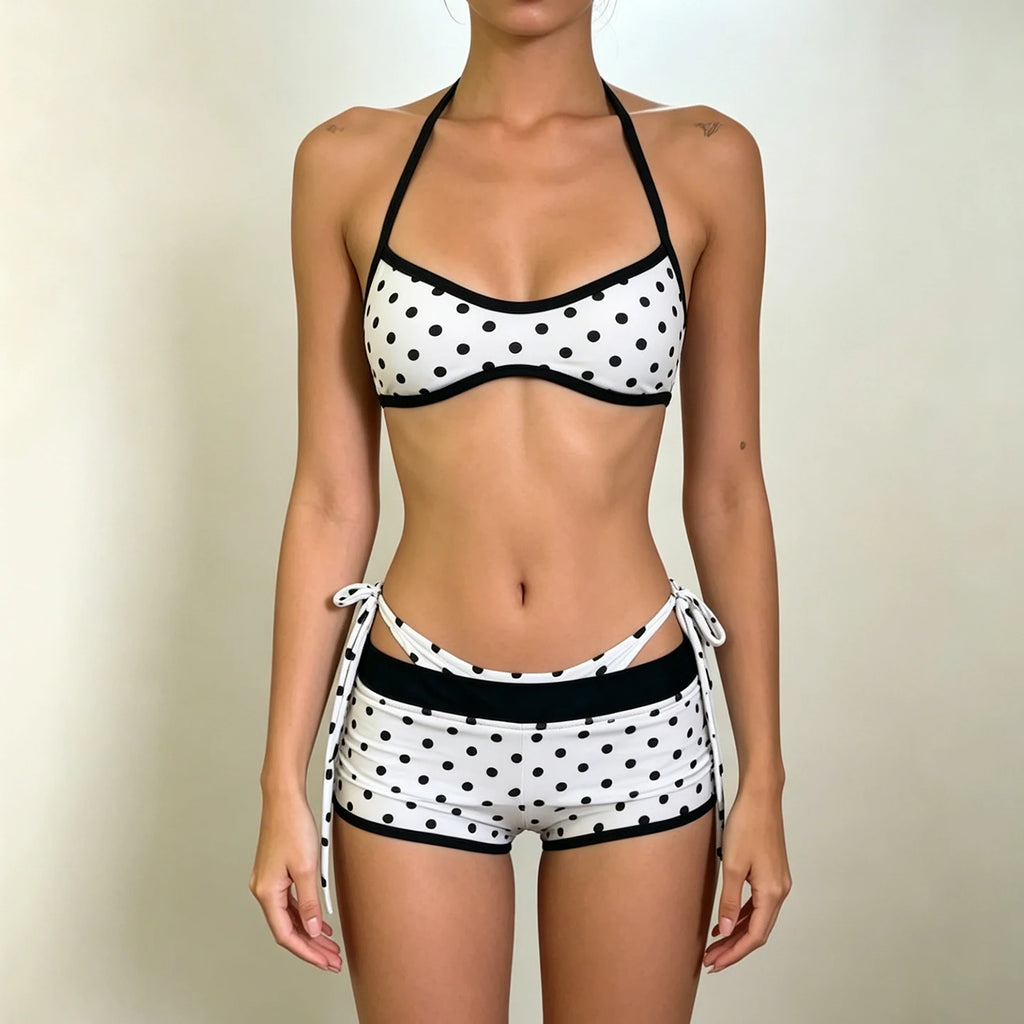 Hot Y2K Plaid V-Neck Halter 3-Piece Above-Knee Bikini Set Sweating Top