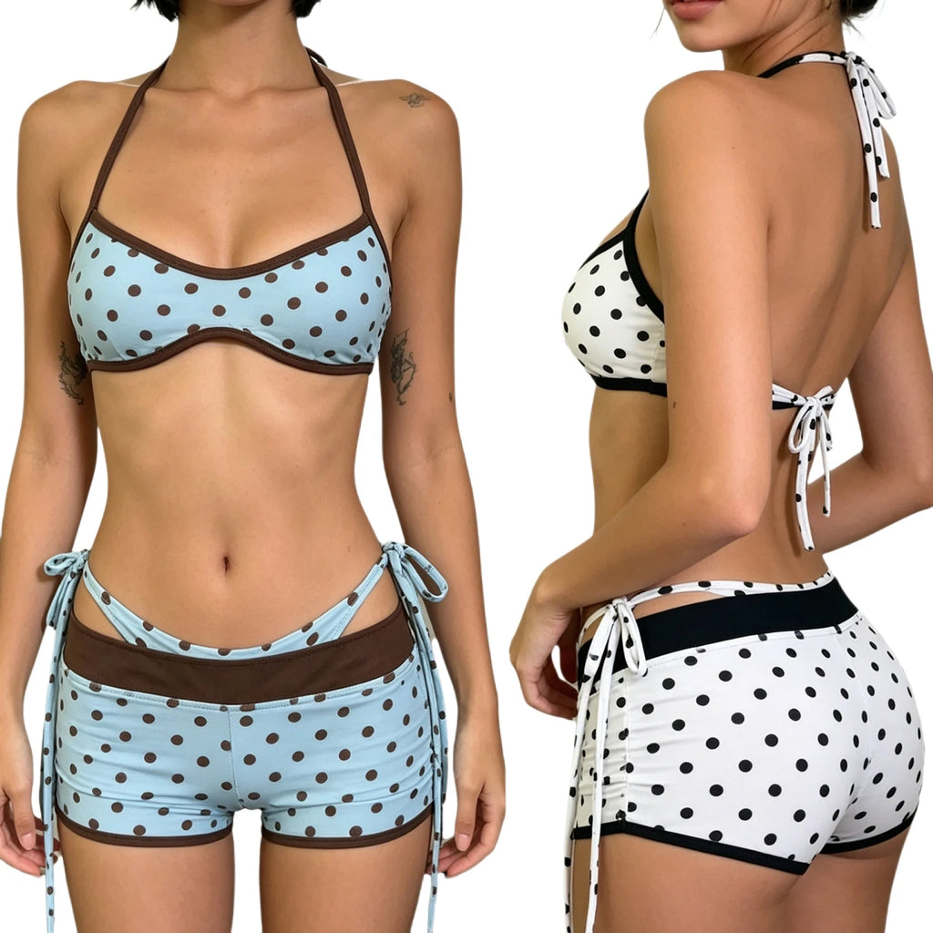Hot Y2K Plaid V-Neck Halter 3-Piece Above-Knee Bikini Set Sweating Top