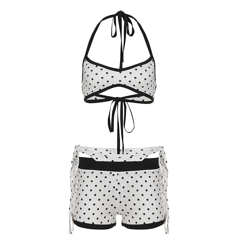 Hot Y2K Plaid V-Neck Halter 3-Piece Above-Knee Bikini Set Sweating Top