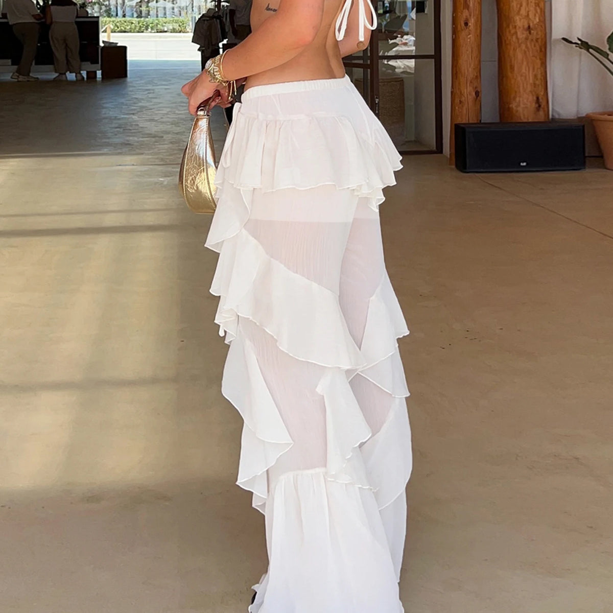 Women's White Ruffle Flare Pants Low Rise Loose Fit Bohemian Summer Chiffon